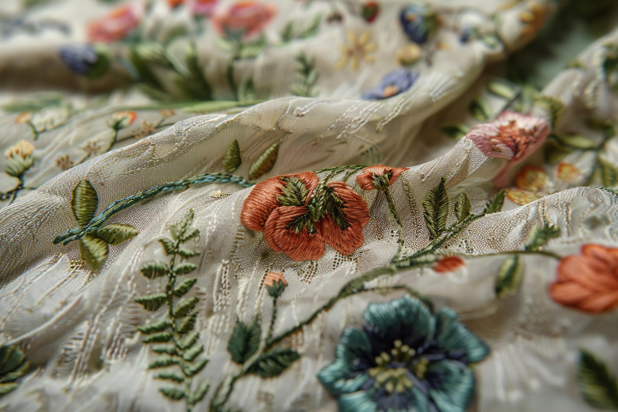 Großes besticktes Leinentuch mit floralen Mustern